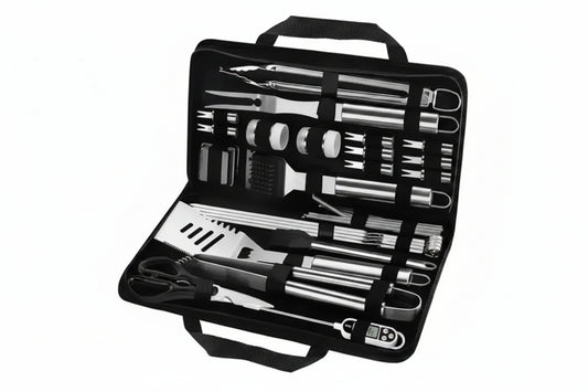 complete stainless steel grill utensil set arranged inside zippered carrying case showing all included barbecue tools