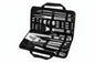 complete stainless steel grill utensil set arranged inside zippered carrying case showing all included barbecue tools