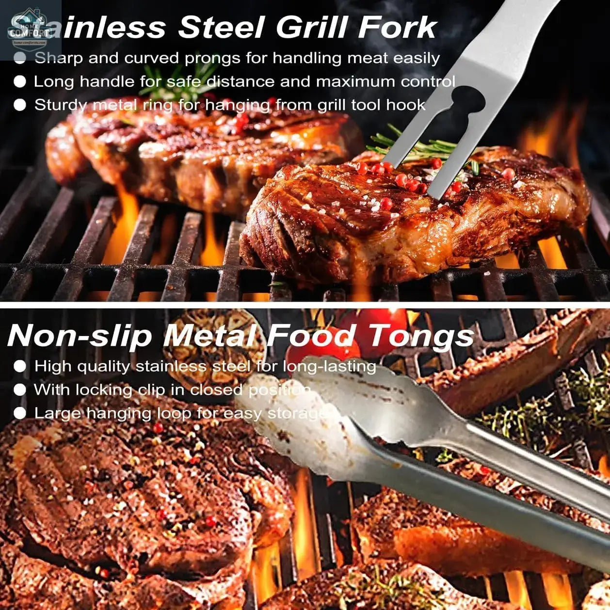 stainless steel barbecue fork and non slip grill tongs handling meat on barbecue grill