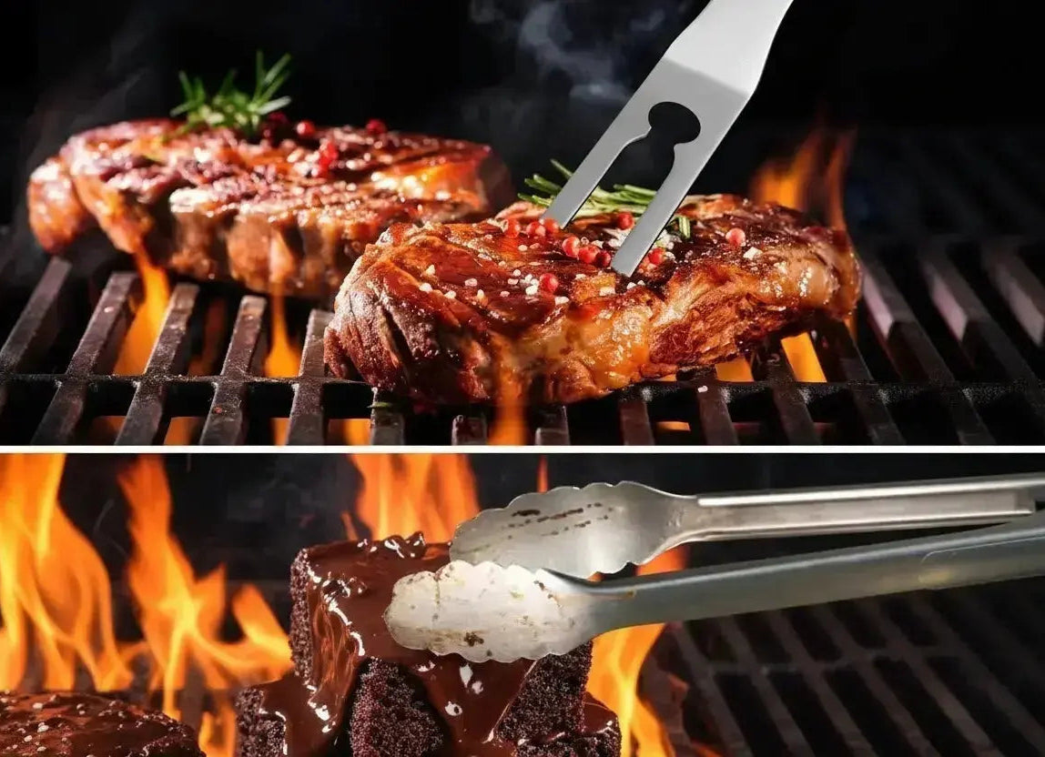 stainless steel barbecue fork and non slip grill tongs handling meat on barbecue grill
