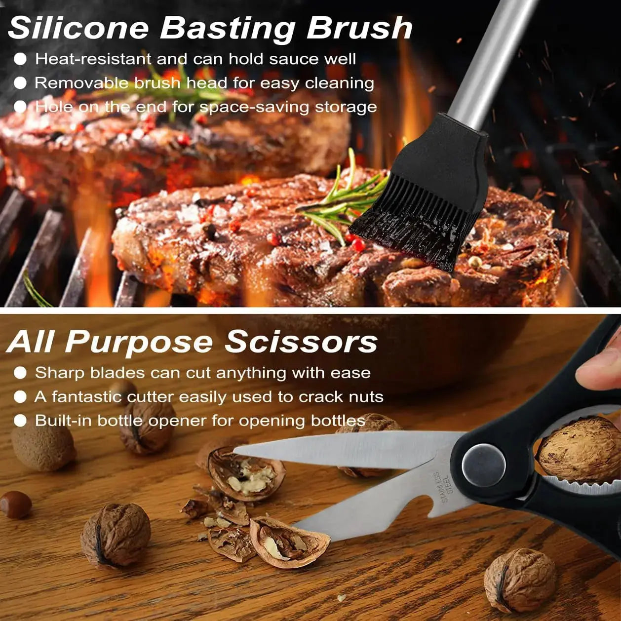 heat resistant silicone basting brush applying sauce to meat and multipurpose kitchen scissors included in barbecue set