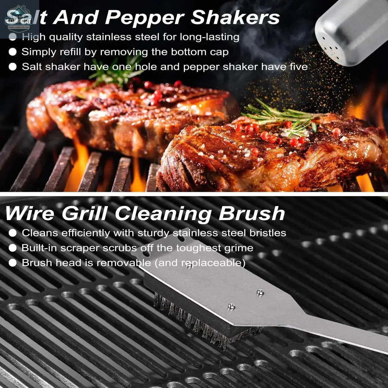 stainless steel salt and pepper shakers and wire grill cleaning brush included in 29 piece barbecue accessory set