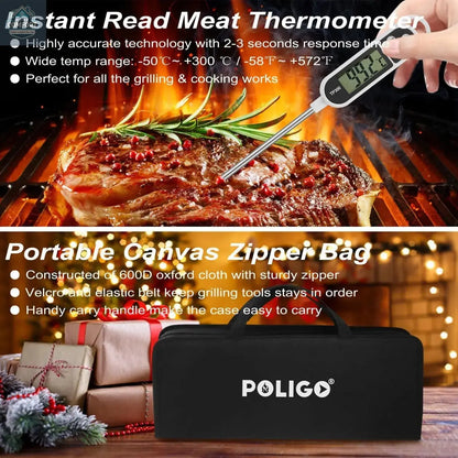 instant read digital meat thermometer and portable zippered carrying bag included in stainless steel barbecue accessory set