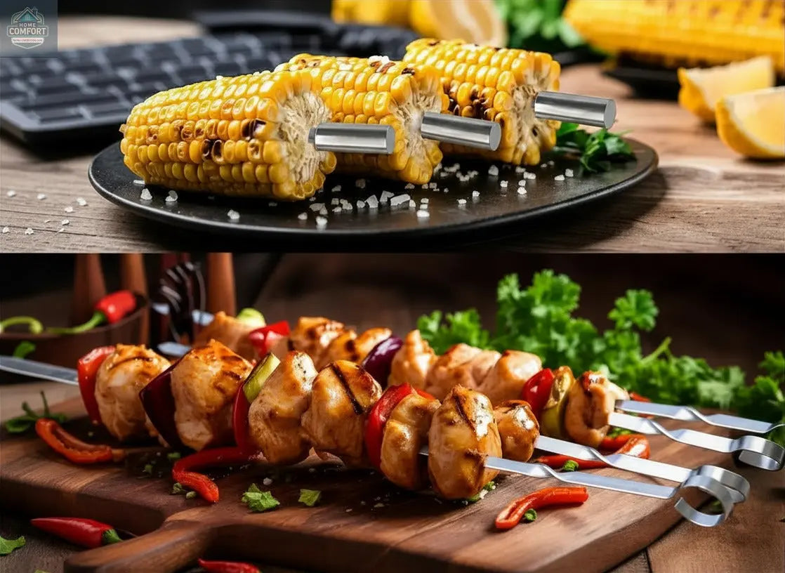stainless steel corn holders and flat barbecue skewers used for grilling vegetables and kebabs
