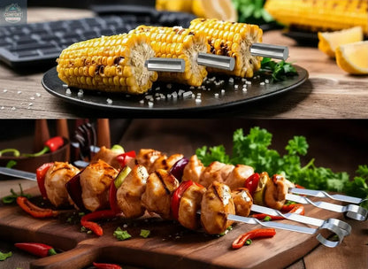 stainless steel corn holders and flat barbecue skewers used for grilling vegetables and kebabs