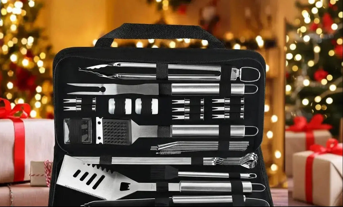 29 piece stainless steel BBQ grill accessories set displayed inside portable storage bag with grilling tools organized