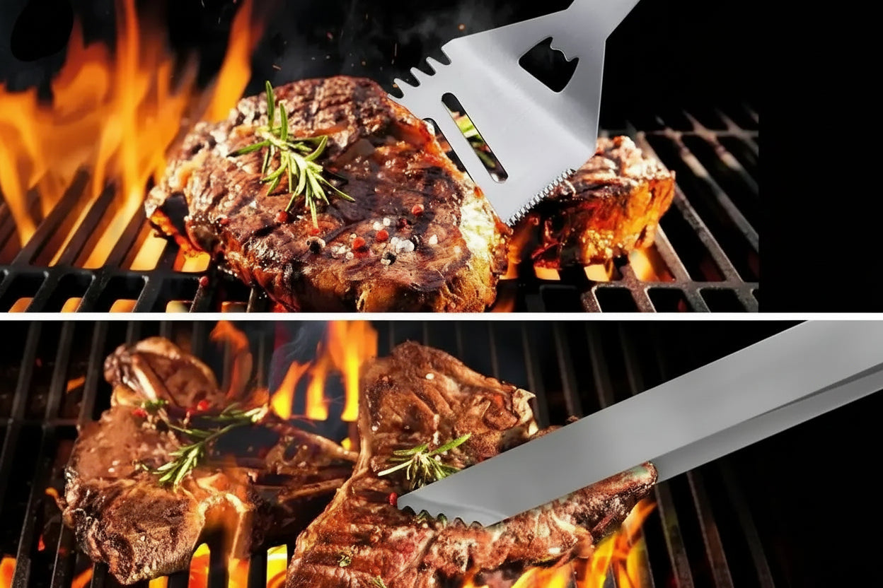 stainless steel barbecue spatula and heavy duty grill tongs being used to cook steaks on outdoor grill