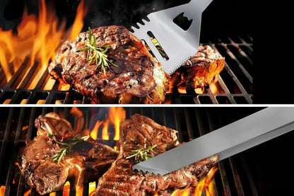 stainless steel barbecue spatula and heavy duty grill tongs being used to cook steaks on outdoor grill