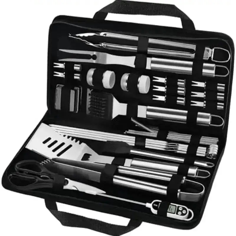 complete stainless steel grill utensil set arranged inside zippered carrying case showing all included barbecue tools