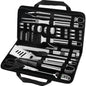 complete stainless steel grill utensil set arranged inside zippered carrying case showing all included barbecue tools