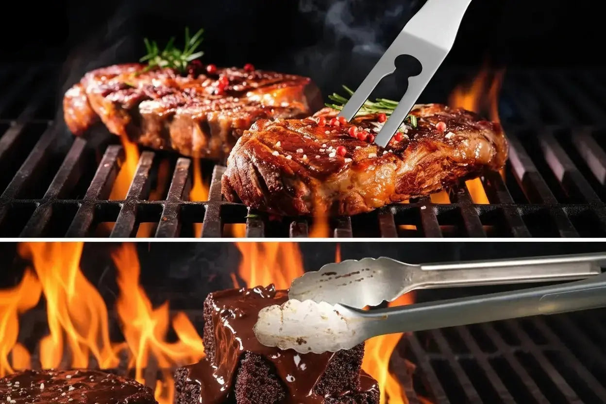 stainless steel barbecue fork and non slip grill tongs handling meat on barbecue grill
