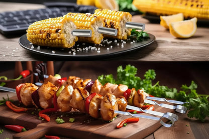 stainless steel corn holders and flat barbecue skewers used for grilling vegetables and kebabs