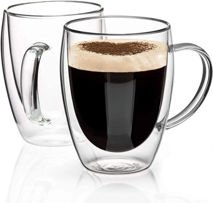 COMOOO Double Walled Glass Coffee Mugs Glass Mug with Handles Double Wall Cappuccino Cups, 12Oz of Set 4 Coffee Tea Mugs, Clear Glasses with Handle