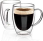 COMOOO Double Walled Glass Coffee Mugs Glass Mug with Handles Double Wall Cappuccino Cups, 12Oz of Set 4 Coffee Tea Mugs, Clear Glasses with Handle
