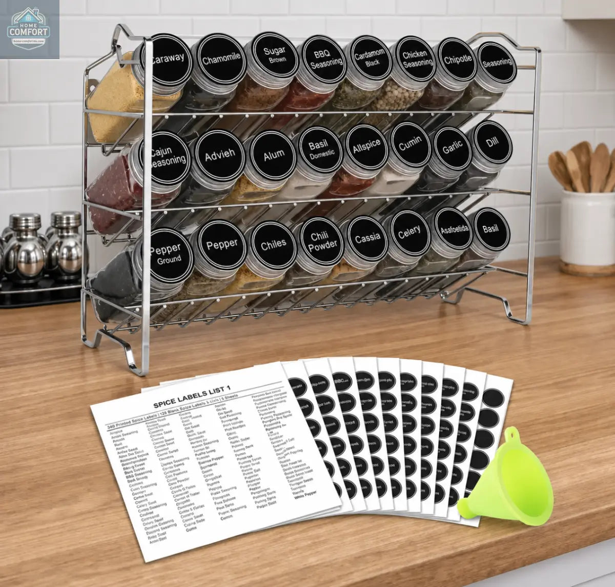 3-tier alloy steel spice rack with 24 glass spice jars, labels, chalk marker, and funnel kitchen organizer set