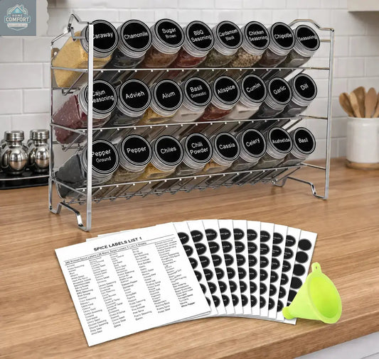 3-tier alloy steel spice rack with 24 glass spice jars, labels, chalk marker, and funnel kitchen organizer set