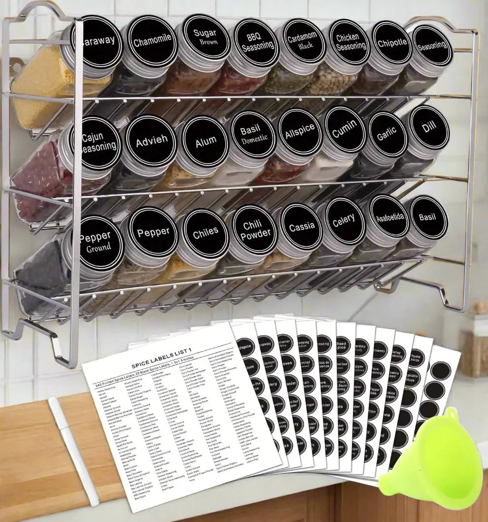 3-tier alloy steel spice rack with 24 glass spice jars, labels, chalk marker, and funnel kitchen organizer set
