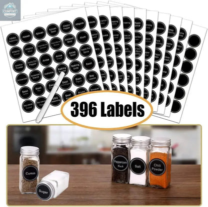 spice rack set with 396 pre printed spice labels, blank labels, chalk marker, and labeled glass spice jars
