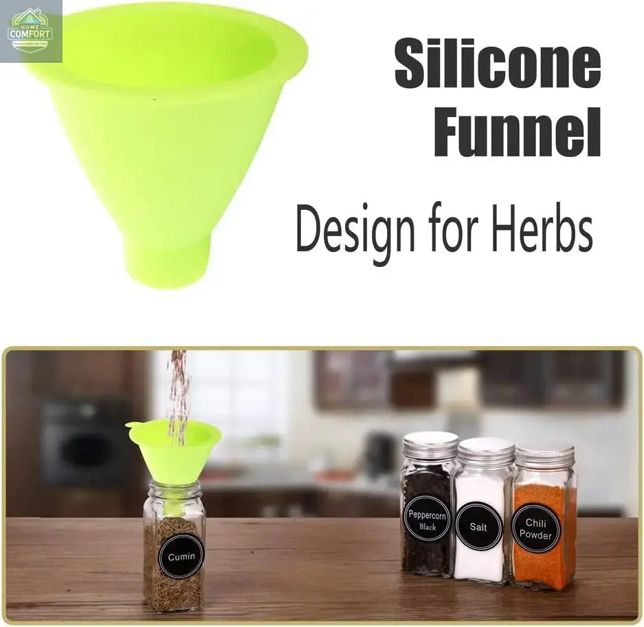 silicone spice funnel included with glass spice jars for easy filling kitchen spice rack set