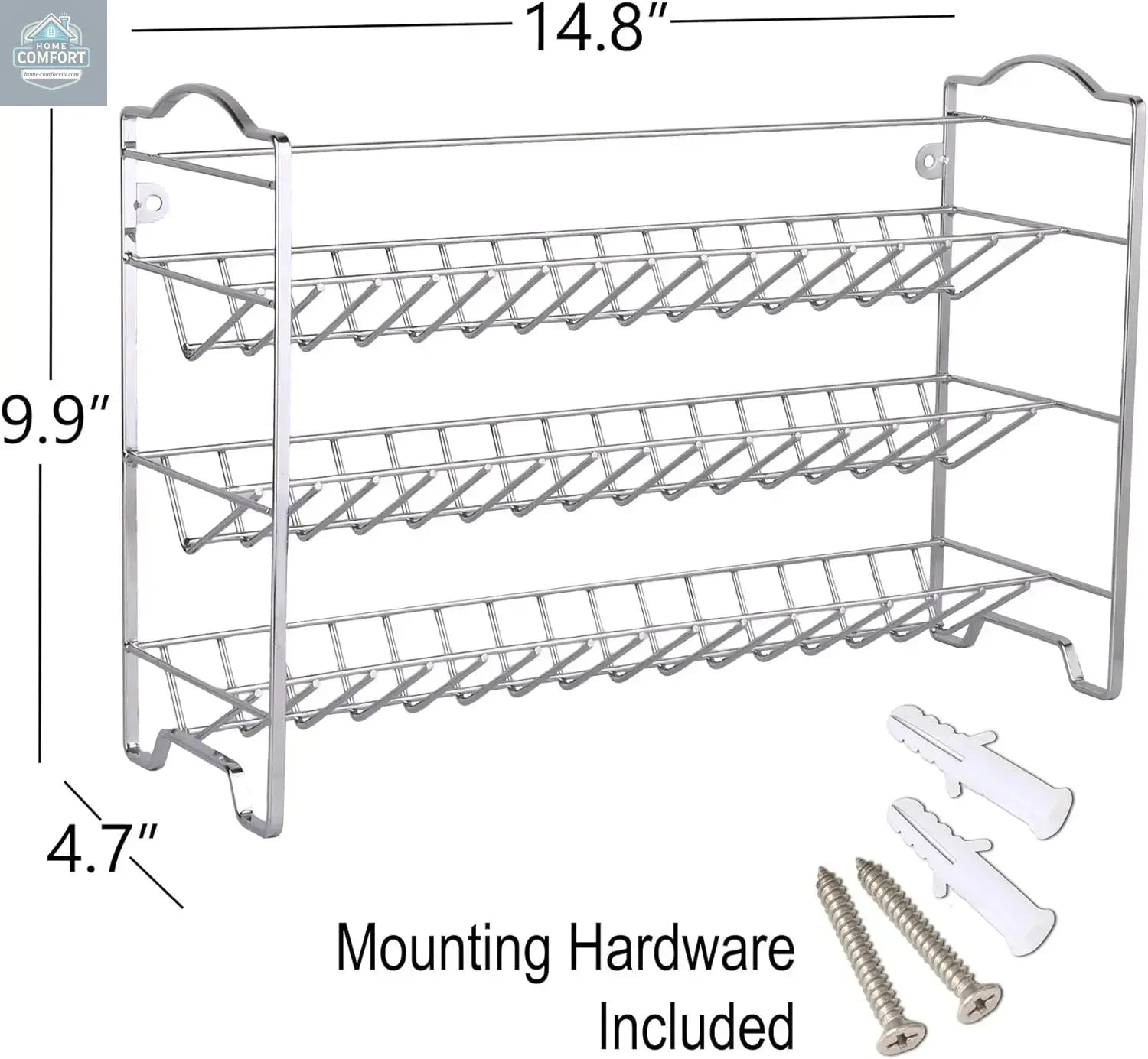 3-tier alloy steel spice rack with dimensions shown and included mounting hardware for wall or cabinet installation