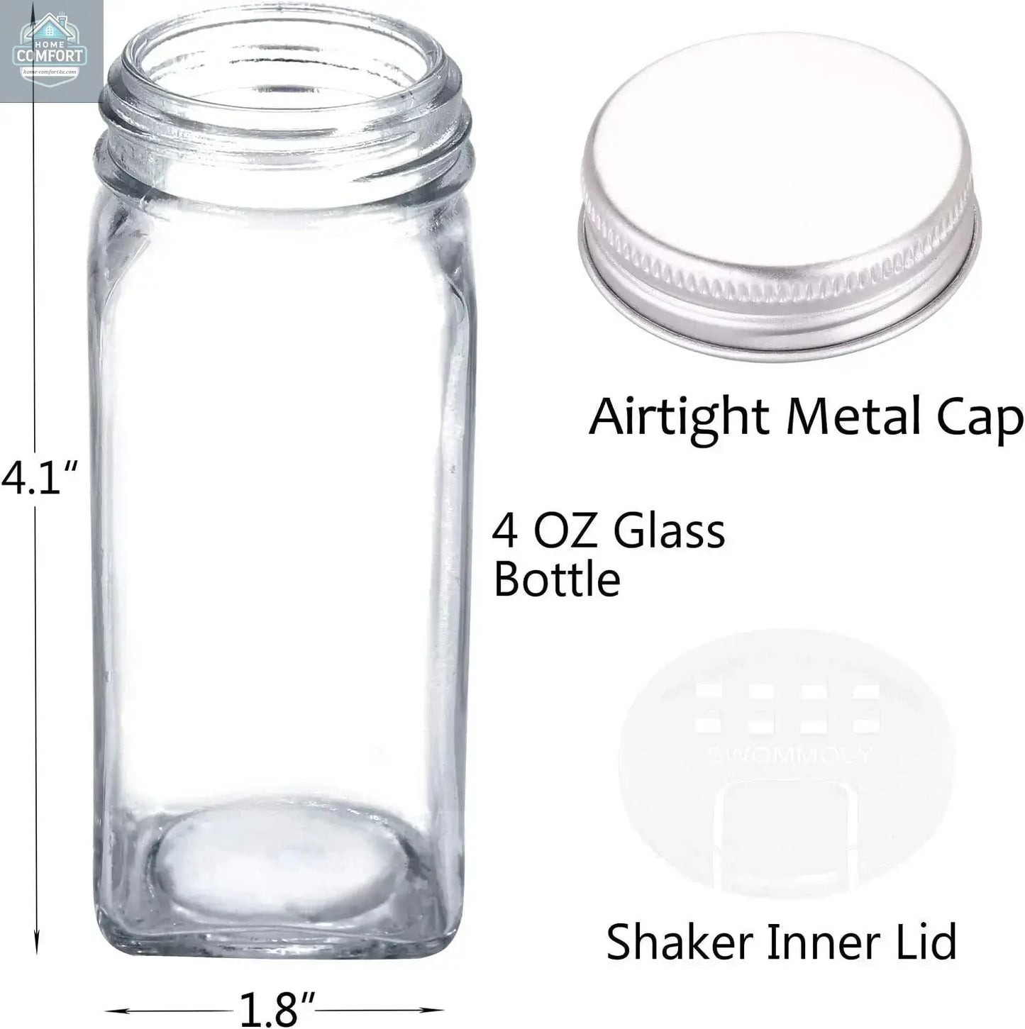 4 ounce square glass spice jar with airtight metal cap and shaker inner lid for kitchen spice storage