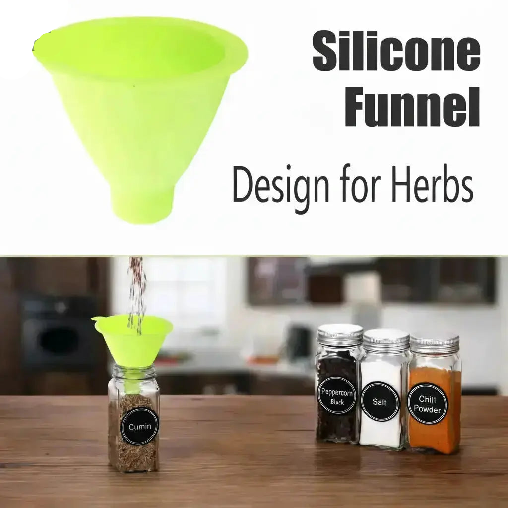 silicone spice funnel included with glass spice jars for easy filling kitchen spice rack set