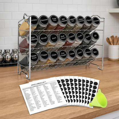 3-Tier Alloy Steel Spice Rack Organizer with 24 Glass Spice Jars, Kitchen Countertop Storage Rack