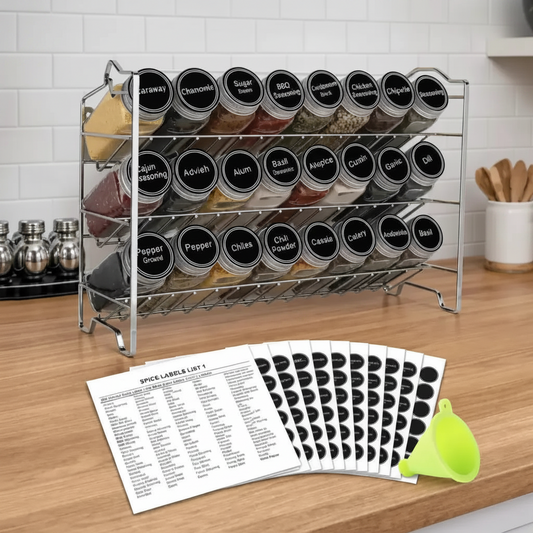 3-Tier Alloy Steel Spice Rack Organizer with 24 Glass Spice Jars, Kitchen Countertop Storage Rack