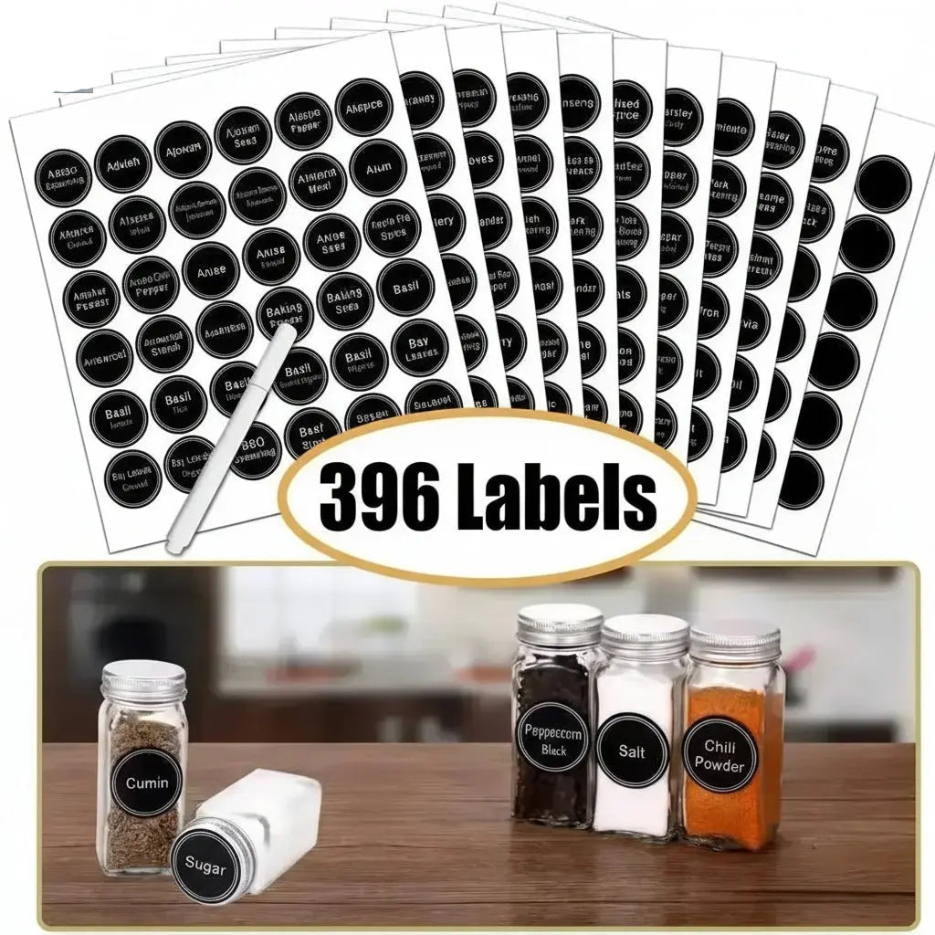 spice rack set with 396 pre printed spice labels, blank labels, chalk marker, and labeled glass spice jars