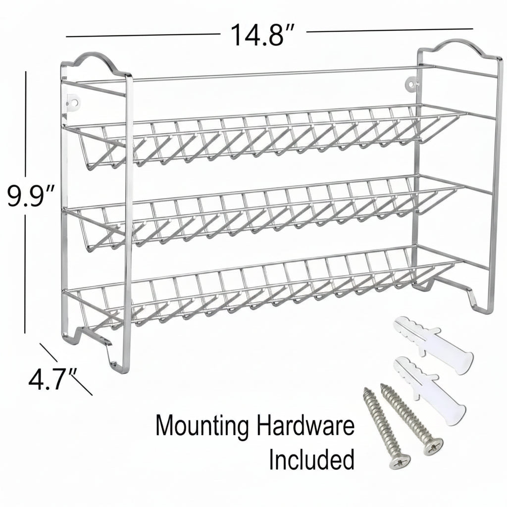 3-tier alloy steel spice rack with dimensions shown and included mounting hardware for wall or cabinet installation