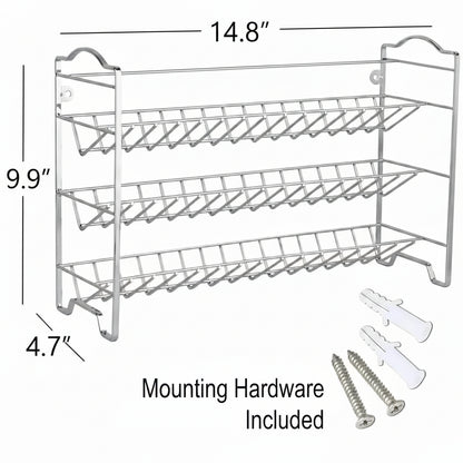 3-tier alloy steel spice rack with dimensions shown and included mounting hardware for wall or cabinet installation