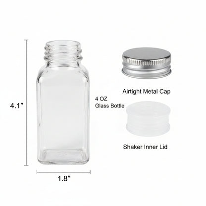 4 ounce square glass spice jar with airtight metal cap and shaker inner lid for kitchen spice storage