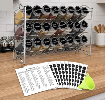 3-tier alloy steel spice rack with 24 glass spice jars, labels, chalk marker, and funnel kitchen organizer set