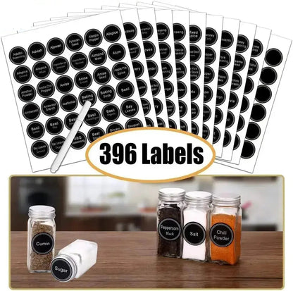spice rack set with 396 pre printed spice labels, blank labels, chalk marker, and labeled glass spice jars