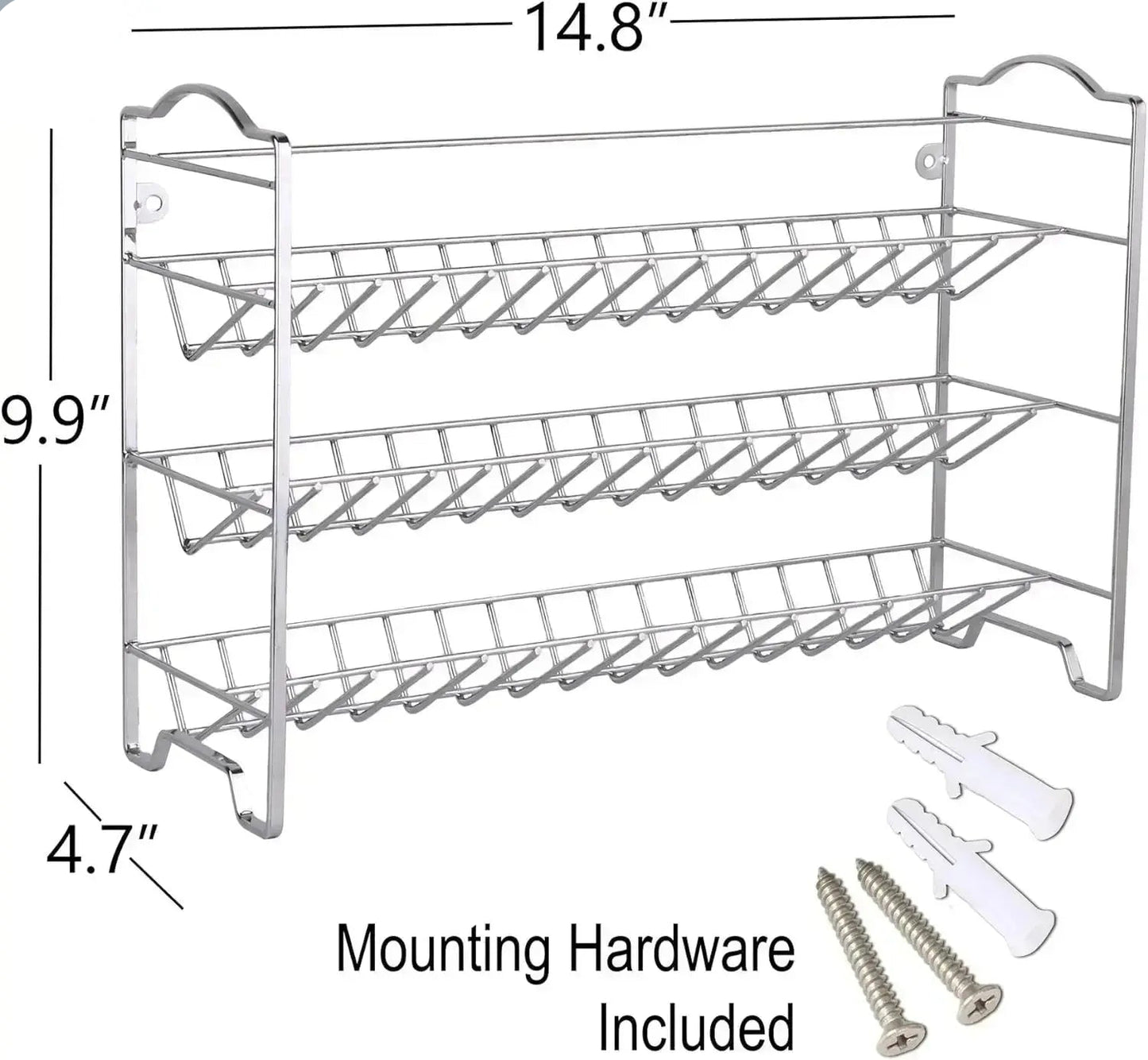 3-tier alloy steel spice rack with dimensions shown and included mounting hardware for wall or cabinet installation