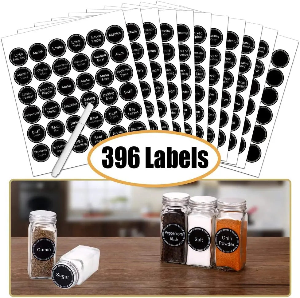 SWOMMOLY Spice Rack Organizer with 24 Empty Glass Spice Jars, 396 Spice Labels with Chalk Marker and Funnel Complete Set, for Countertop, Cabinet or Wall Mount, Silver