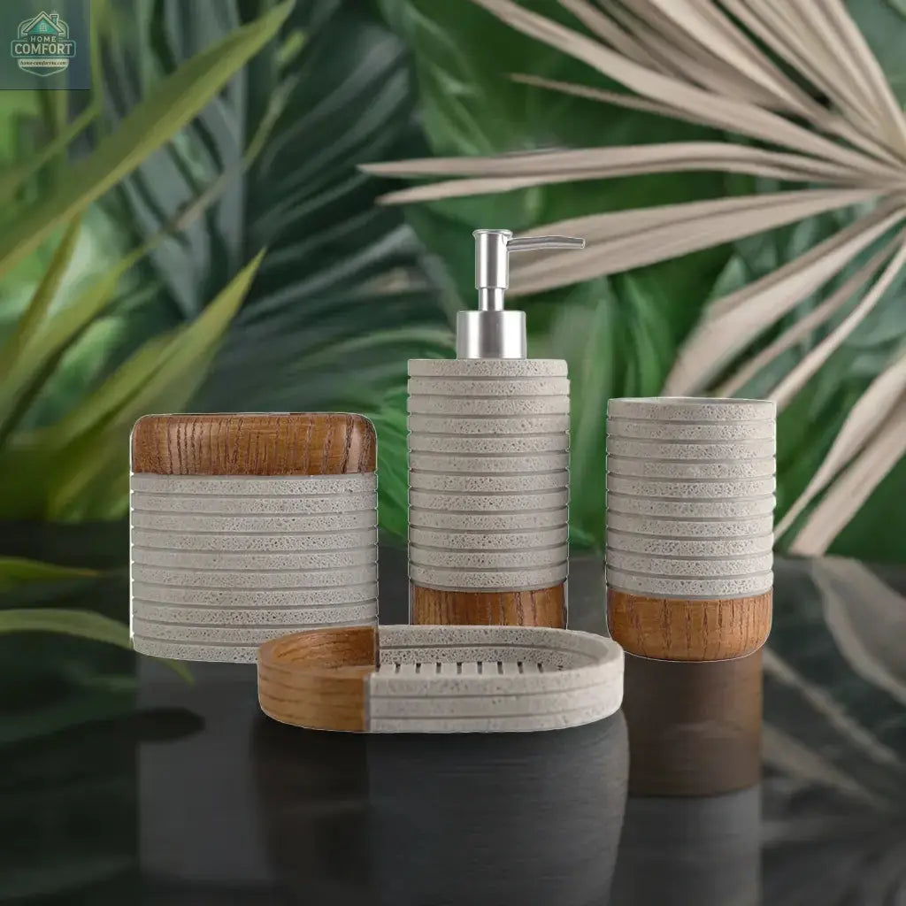 Modern gray and wood bathroom accessories set with soap dispenser, toothbrush holder, tumbler, and soap dish on bathroom counter