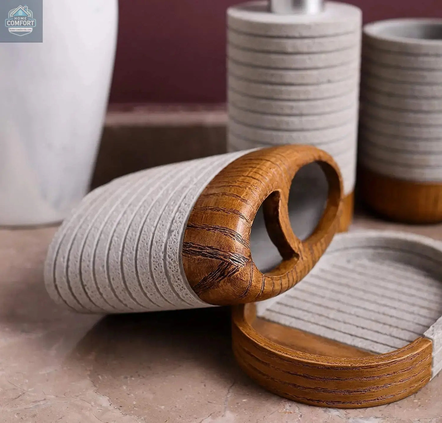 Detail view of gray and wood bathroom accessories toothbrush holder and soap dish from 4 piece bathroom set