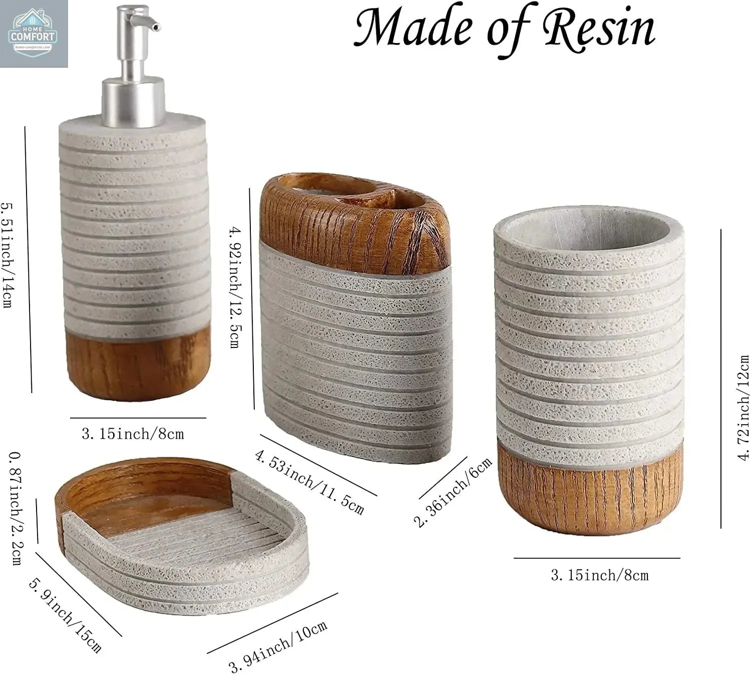 Bathroom accessories set size chart showing measurements for soap dispenser, toothbrush holder, tumbler, and soap dish