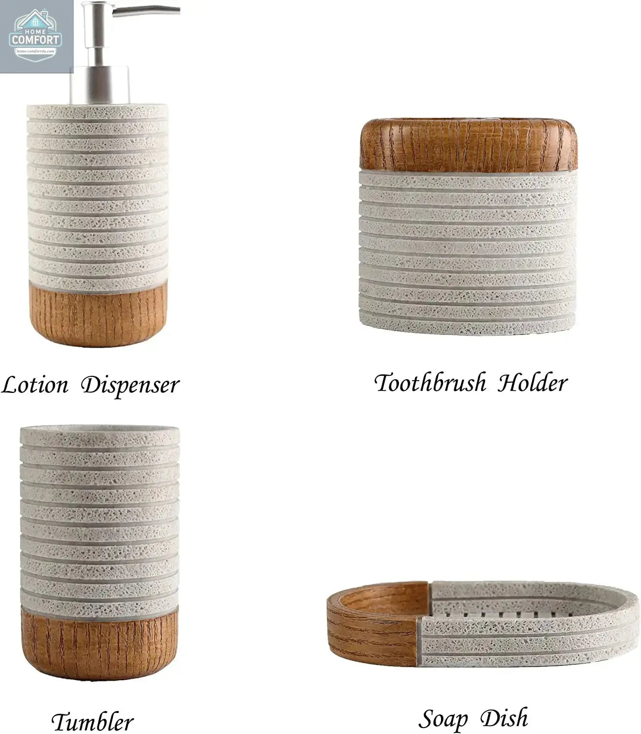 Bathroom accessories set components labeled showing lotion dispenser, toothbrush holder, tumbler, and soap dish