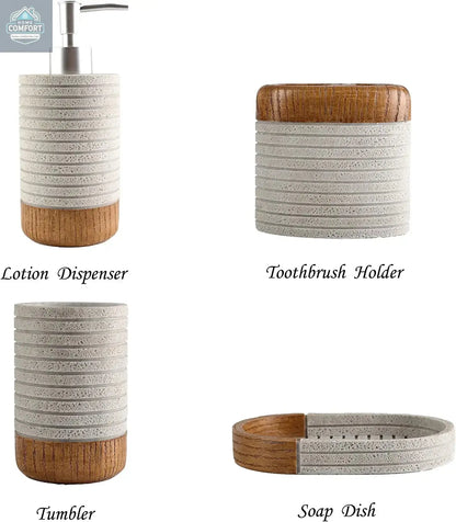 Bathroom accessories set components labeled showing lotion dispenser, toothbrush holder, tumbler, and soap dish