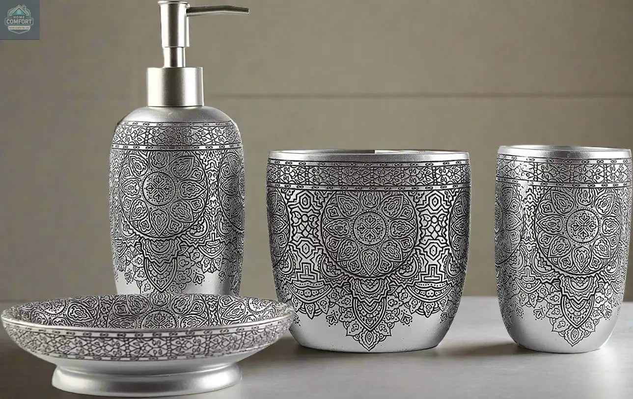 Decorative silver patterned bathroom accessories set with soap dispenser, tumbler, toothbrush holder, and soap dish
