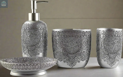 Decorative silver patterned bathroom accessories set with soap dispenser, tumbler, toothbrush holder, and soap dish