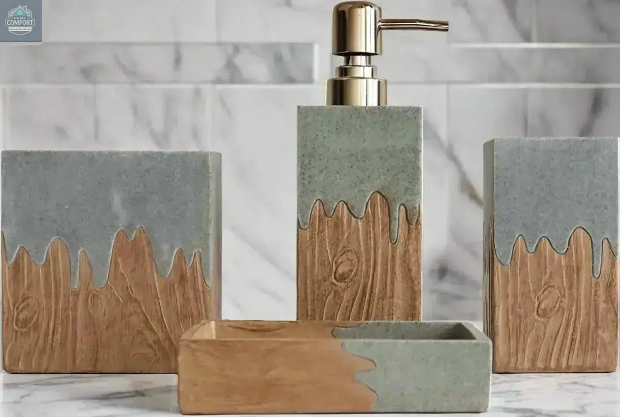 Gray and wood bathroom accessories set styled on bathroom counter with decorative plant and soap dispenser