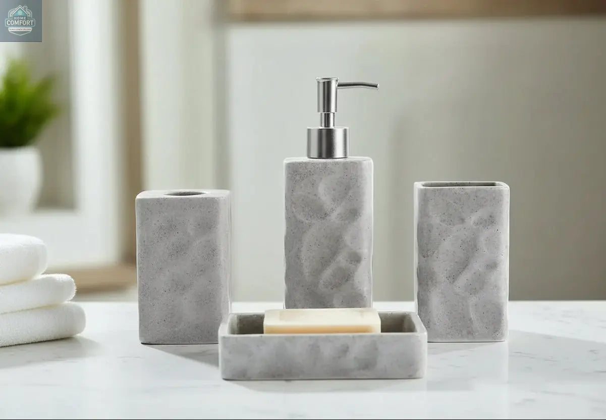 Gray textured stone bathroom accessories set with soap dispenser, toothbrush holder, tumbler, and soap dish on countertop