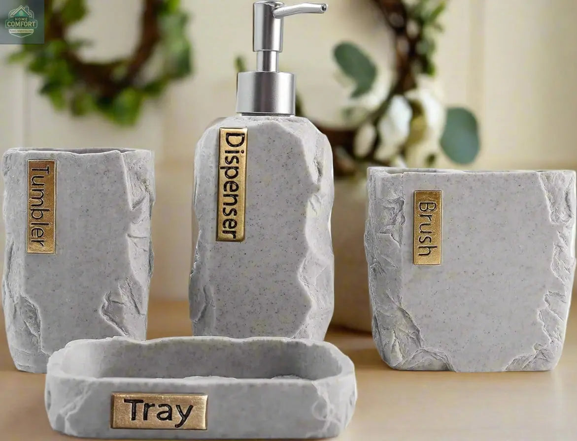 Gray stone bathroom accessories set with soap dispenser, toothbrush holder, tumbler, and tray with labeled pieces on countertop