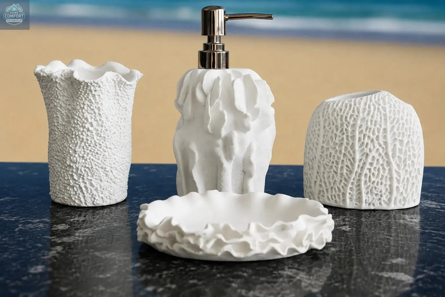 White textured bathroom accessories set with soap dispenser, toothbrush holder, tumbler, and soap dish with coral style surface