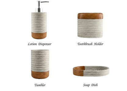 Four-piece bathroom accessory set featuring a lotion dispenser, toothbrush holder, tumbler, and soap dish with a textured off-white ribbed body and warm brown wood accents, shown on a white background with labels.
