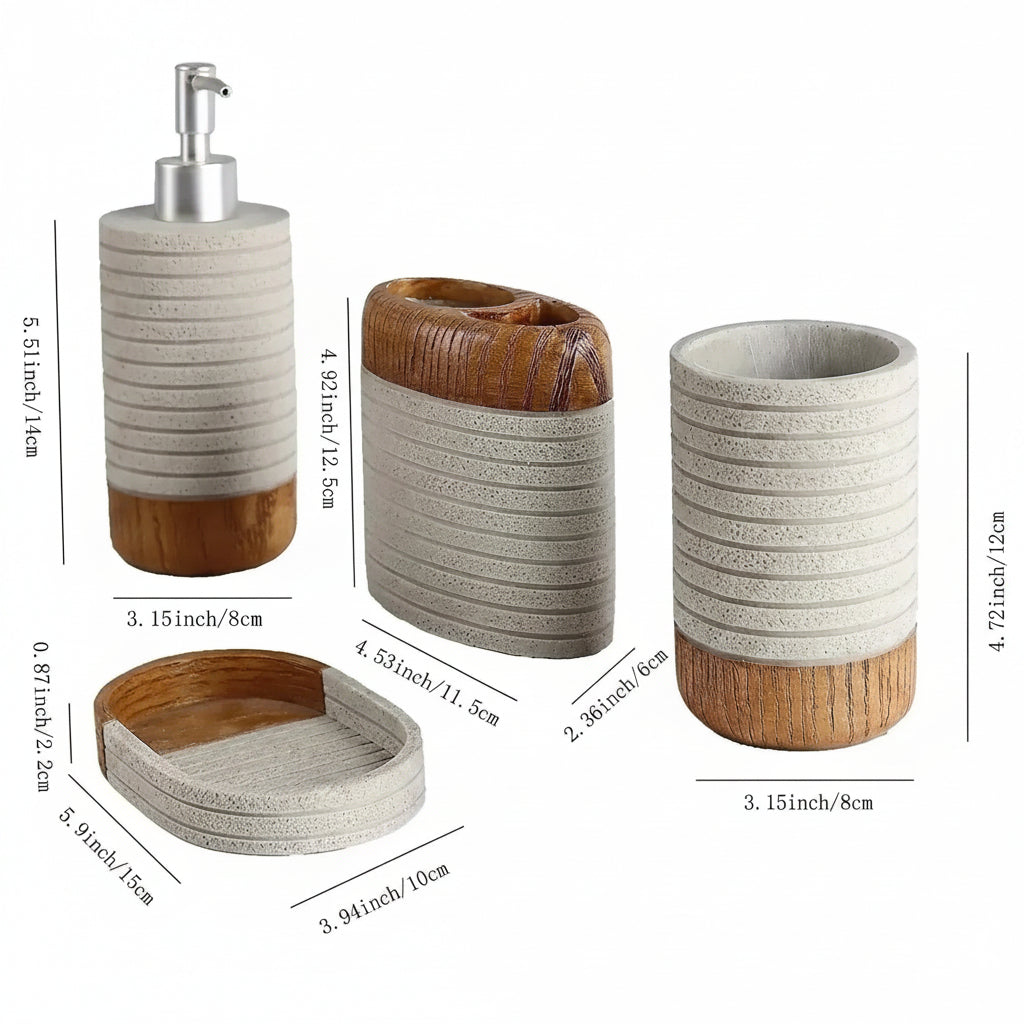 Bathroom accessories set size chart showing measurements for soap dispenser, toothbrush holder, tumbler, and soap dish