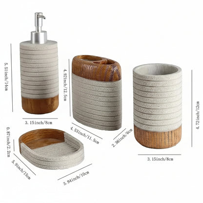 Bathroom accessories set size chart showing measurements for soap dispenser, toothbrush holder, tumbler, and soap dish